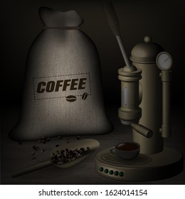 Coffee machine with a bag of coffee on a dark background
