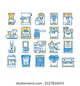 coffee machine barista equipment doodle icons set vector. sketch line art electric turk for brewing energy drink and vintage coffee machine, drip filtration and geyser technology color illustrations