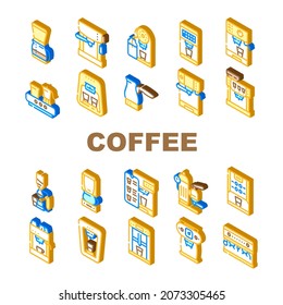 Coffee Machine Barista Equipment Icons Set Vector. Electric Turk For Brewing Energy Drink And Vintage Coffee Machine, Drip Filtration And Geyser Device Technology Isometric Sign Color Illustrations