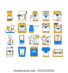 Máquina de café Barista Equipment Icons Set Vetor. Turk Elétrico Para Bebida De Energia De Cerveja E Máquina De Café Vintage, Filtração De Gotejamento E Tecnologia De Dispositivo De Geyser Ilustrações De Contorno De Cor