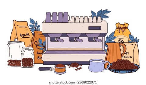 Coffee machine with beans and accessories. Espresso setup with coffee bags jars portafilter and milk jug. Colorful elements on white background