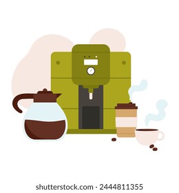 Coffee machine beverage. Natural coffee production, coffee consumption cartoon vector illustration