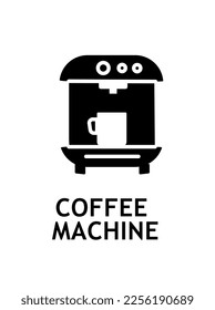 Coffee machine black icon. Apparatus for cafe or restaurant, kitchen. Interface for programs and applications. Advertising poster or banner for website. Cartoon flat vector illustration