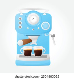 Coffee machine blue, with two expresso cups. Appliance for making different coffee beverages.Cafe hot drink maker. Vector illustration EPS 10
