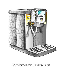 Coffee Machine For Brew Hot Drink Retro Vector. Machine For Make Cappuccino Or Latte. Cafe Equipment Engraving Concept Template Designed In Vintage Style Color Illustration