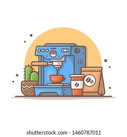 Coffee Machine with Cactus, Cup and Coffee Beans Vector Illustration. Coffee Shop. Making Coffee. Flat Cartoon Style Suitable for Web Landing Page, Banner, Flyer, Sticker, Wallpaper, Card, Background