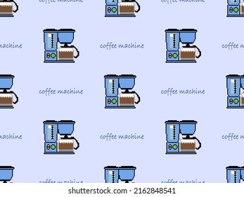 Coffee machine cartoon character seamless pattern on blue background. Pixel style