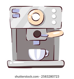 Coffee machine for cartoon one cup. Funny espresso coffee machine with dispenser for automatic brewing of hot drink. Barista equipment mascot, cartoon cute professional device vector illustration