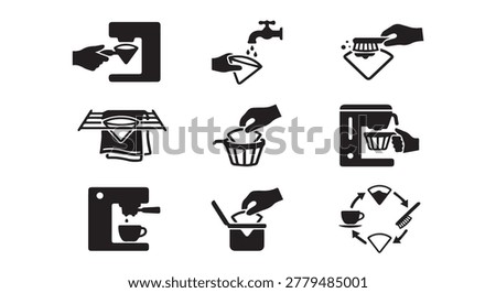 Coffee machine cleaning and maintenance procedures icons set with cleaning