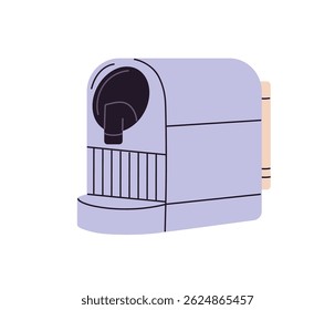 Coffee machine in coffeeshop. Cute coffe maker, kitchen appliance for preparing hot beverages, cappuccino. Coffeehouse equipment for making cofee, drinks. Flat isolated vector illustration on white