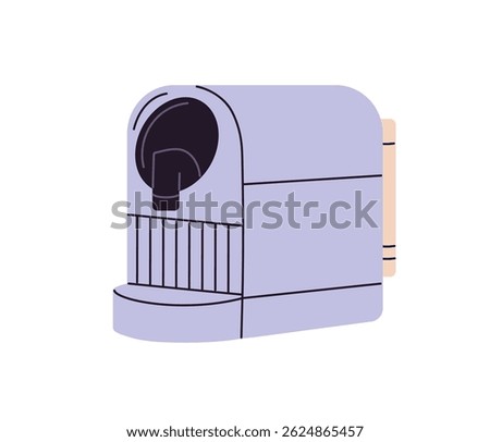 Coffee machine in coffeeshop. Cute coffe maker, kitchen appliance for preparing hot beverages, cappuccino. Coffeehouse equipment for making cofee, drinks. Flat isolated vector illustration on white