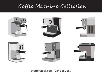 coffee machine collection in different poses. Vector illustration.