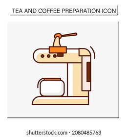  Coffee machine color icon. Small electrical machine for making fresh hot drinks. Add coffee beans. Tea and coffee preparation concept. Isolated vector illustration