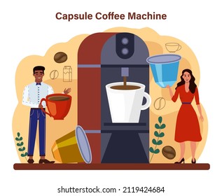 Coffee machine concept. Barista making a cup of hot coffee on capsule coffee machine. Energetic tasty beverage for breakfast. Flat vector illustration