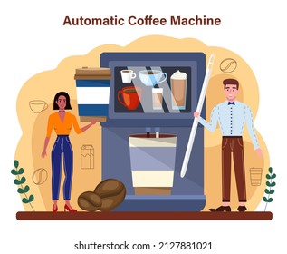 Coffee machine concept. Barista making a cup of hot coffee. Automatic coffee machine. Energetic tasty beverage for breakfast. Flat vector illustration