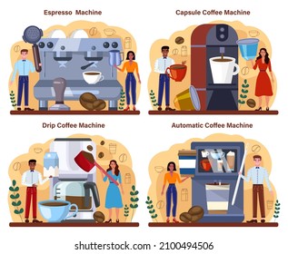 Juego de concepto de máquina de café. Barista haciendo una taza de café caliente. Espresso, cápsula, máquina de café con gotero automático. Abundante y sabrosa bebida para el desayuno. Ilustración vectorial plana