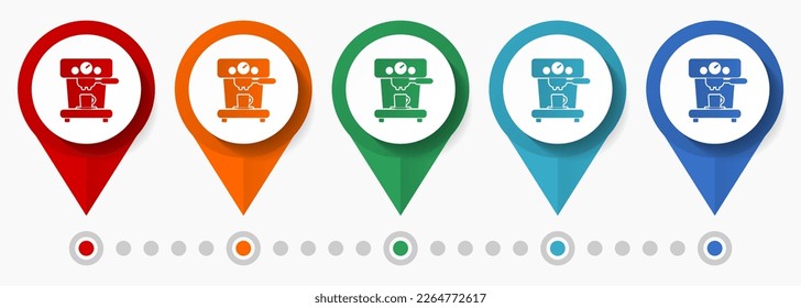 Coffee machine concept vector icon set, flat design cafe pointers, infographic template