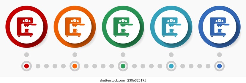 Coffee machine concept vector icon set, infographic template, flat design circle colorful web buttons in 5 color options