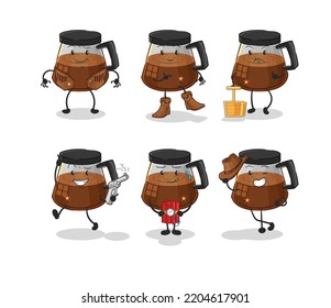 coffee machine cowboy group character. cartoon mascot vector