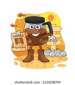 coffee machine cowboy with wanted paper. cartoon mascot vector