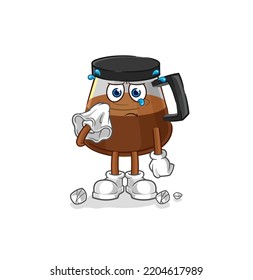 coffee machine cry with a tissue. cartoon mascot vector