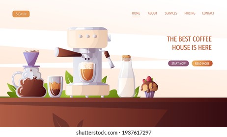 Coffee machine, Cup of coffee, clever dripper, bottle of milk and cupcake. Coffee shop, break, cafe-bar, coffee lover, breakfast concept.  Vector illustration for poster, banner, website. 