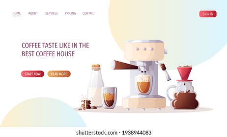 Coffee machine, Cup of coffee, clever dripper, bottle of milk and chocolate. Coffee shop, break, cafe-bar, coffee lover, breakfast concept.  Vector illustration for poster, banner, website. 
