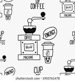 Coffee machine with cup of coffee doodle hand drawn seamless pattern with black outline and no fill. Coffee texture for wrapping, wallpaper and decoration