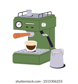 Máquina de café con taza de espresso icono. Utensilio de cocina moderno para cocinar bebidas calientes en la cafetería. Cafetera con taza. Aparato para preparar bebidas. Ilustración vectorial aislada plana en blanco