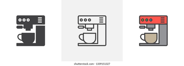 Coffee machine and coffee cup icon. Line, glyph and filled outline colorful version, Coffee maker outline and filled vector sign. Symbol, logo illustration. Different style icons set. Vector graphics