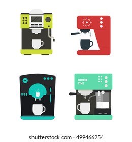 Coffee Machine with a Cup Icon Set Can Be Used For Home, Restaurant, Cafe or Office. Flat Design Style. Vector illustration of Four Coffee Maker Machines. Steel Espresso pot icons for cafe or kitchen