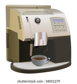 Coffee Machine with cup of coffee. Isolated on white. Coffee maker and cup of coffee are on separate layers.