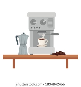 coffee machine with cup moka pot and beans on table design of drink caffeine breakfast and beverage theme Vector illustration
