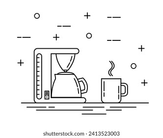 Coffee Machine with a Cup or Mug Flat Thine Line Art. Morning routine and breakfast topic vector