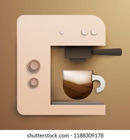 Coffee machine with cup in paper cut style. Concept colorful handmade design for background cover, poster, flyer. Vector illustration.