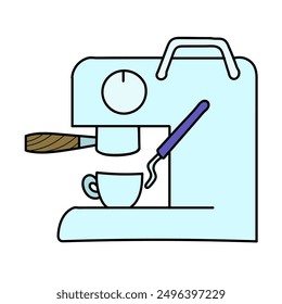 coffee machine cup, portafilter, milk frother hand drawn color vector illustration