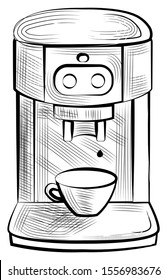 Coffee machine with cup, professional electronic equipment making caffeine beverage. Sketch of aroma drink, espresso or cappuccino, maker symbol vector