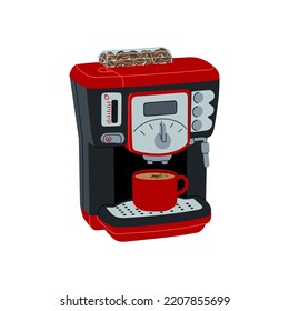 Coffee machine with cup of coffee. Professional equipment for making hot drink. Hand drawn colored vector illustration isolated on white background. Flat style.