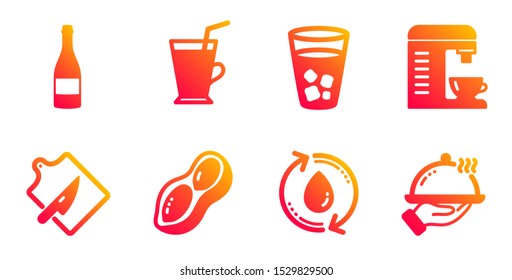 Coffee machine, Coffee cup and Refill water line icons set. Peanut, Ice tea and Cutting board signs. Champagne bottle, Restaurant food symbols. Cappuccino machine, Latte drink. Vector