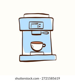 Coffee machine with cup in simple hand-drawn style on a light background. Minimal kitchen appliance element for cafe branding, coffee packaging, menus, stickers and breakfast designs.