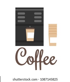 Coffee machine and cups color vector illustration isolated on white glasses pill special electric device for coffees preparing, aparat with buttons