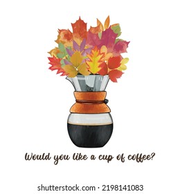 Coffee machine decorated with colorful leaves. Aroma of coffee that reminds me of autumn. Watercolor Vector illustration. Seasonal fall flat design. For poster, print, menu design, greeting card