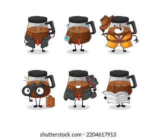 coffee machine detective group character. cartoon mascot vector