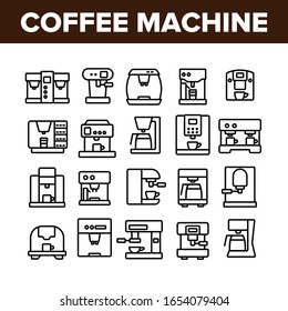 Coffee Machine Device Collection Icons Set Vector. Professional And Domestic Make Coffee Latte Or Espresso Energy Drink Equipment Concept Linear Pictograms. Monochrome Contour Illustrations