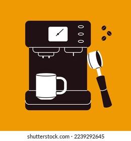 Kaffeemaschine. Einrichtung für Espresso mit Tasse, Cartoon Doodle Barista Werkzeug, Coffee Shop Menü Design. Vektorgrafik