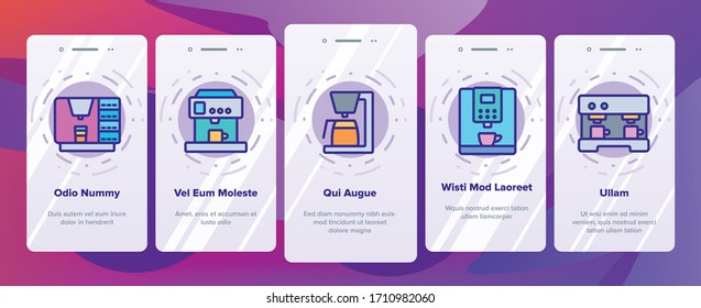Vector De Juego De Iconos De La Máquina Cafetera. Ilustraciones Profesionales Y Domésticas De Equipamiento Para Preparar Café Latte O Espresso Para Bebidas Energéticas