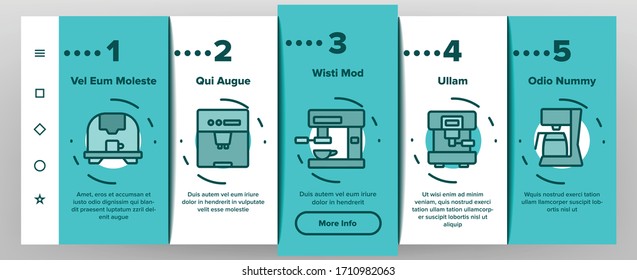 Coffee Machine Device Onboarding Icons Set Vector. Professional And Domestic Make Coffee Latte Or Espresso Energy Drink Equipment Illustrations