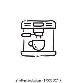 Coffee machine doodle icon. Outline style hand drawn illustration. Brewery Cafeteria symbol.