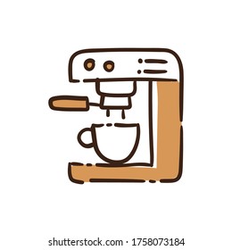 Coffee machine doodle icon. Outline style hand drawn illustration. Brewery Cafeteria symbol.