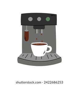 Coffee machine doodle vector illustration. Cup of fresh Americano beverage. Coffemaker equipment isolated design element. Simple hand drawn appliance for making coffee. 